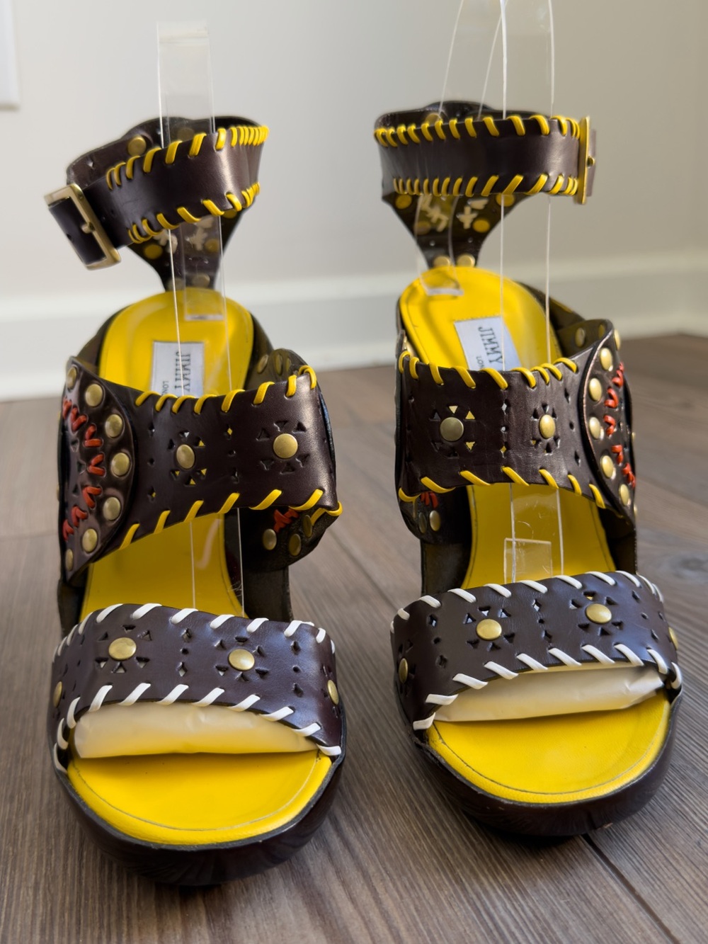 Jimmy Choo 'Claudia' Studded Mirror Leather Whipstitch Sandal Heels 39.5 BOX